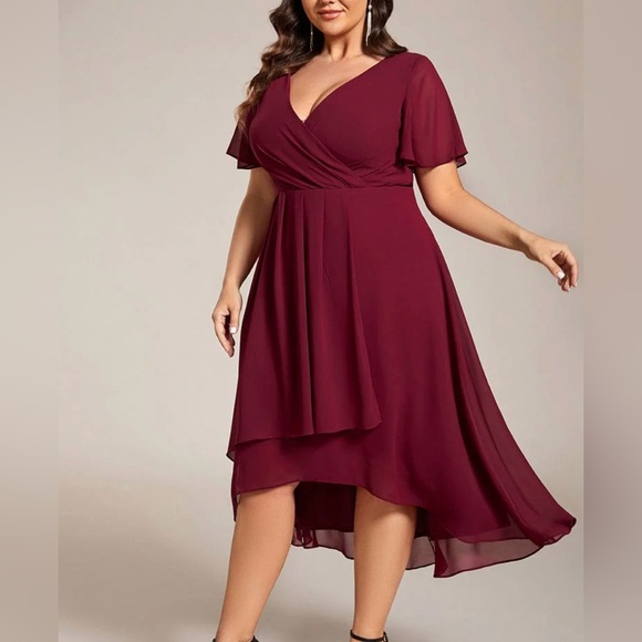 Burgundy Ruffle Sleeve Pleated V-Neck A-Line Midi Chiffon Dress - Ever Pretty - Picture 2 of 8